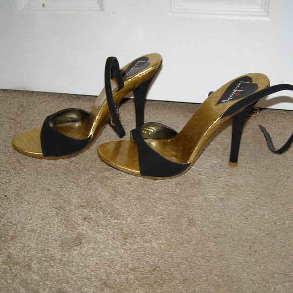 New In Box Sexy Suede Black & Gold Luichiny Heels size 8 - Picture 3 of 15